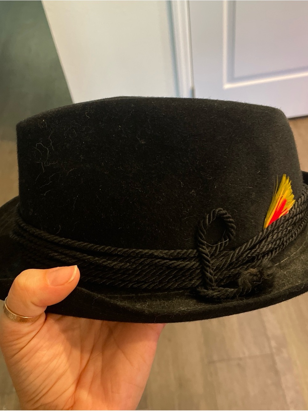 Vintage Rugged Man by Champs Black Hat with Satin Lining, Feather & Rope detail